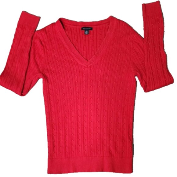 TOMMY HILFIGER WOMEN’S RED CABLE KNIT SWEATER SIZE LARGE V NECK LONG SLEEVE - Picture 1 of 7
